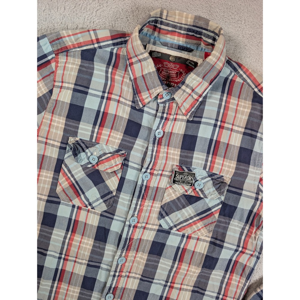 Superdry Denim Goods Mens Large Plaid Button Down Shirt Blue Red Cotton MS4AE03F